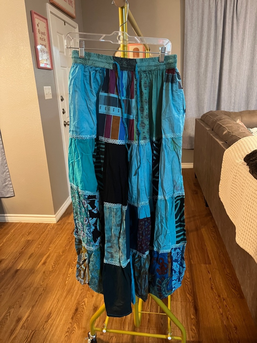 Patchwork Teal & Turquoise Maxi Skirt with Elastic Waist